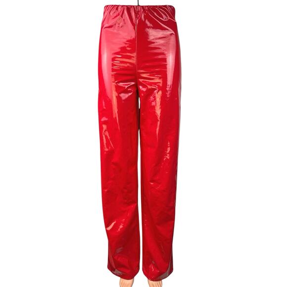 Missguided Red Vinyl High Waist Straight Wide Leg Pull On Trousers Pants Size 4 - Picture 1 of 6